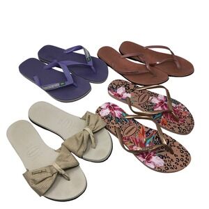 Havaianas Flip Flop Bundle Womens 7/8W Purple Rose Gold Leopard Bow 4 Pairs